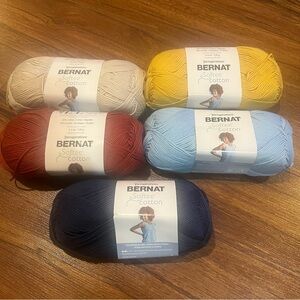 NEW 5 Bernat Softee Cotton Yarn Bundle Red, Yellow, Blue, Grey, Light Blue 120g